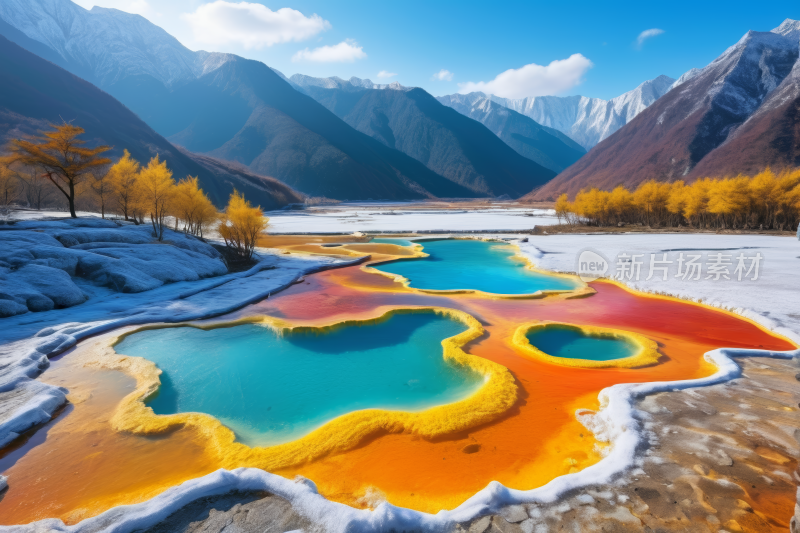 山脉有河流和色彩缤纷的水池高清风景图片