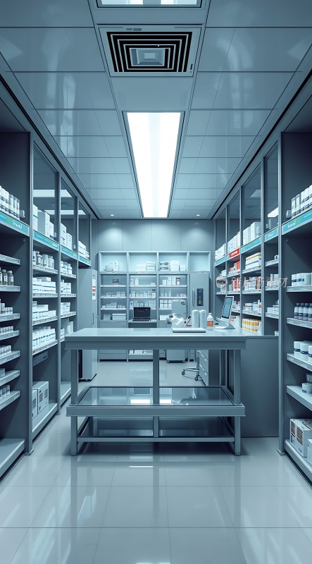 现代药房内部整洁明亮的空间药品整齐排列在货架和桌面上