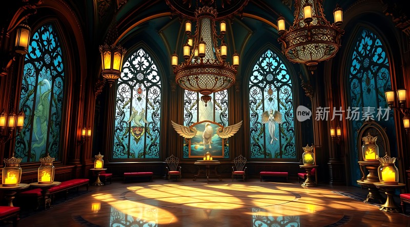 神秘宫殿光影交错华丽吊灯与彩色玻璃窗映照出梦幻般的氛围
