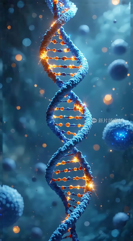 蓝色螺旋DNA结构周围环绕着发光粒子