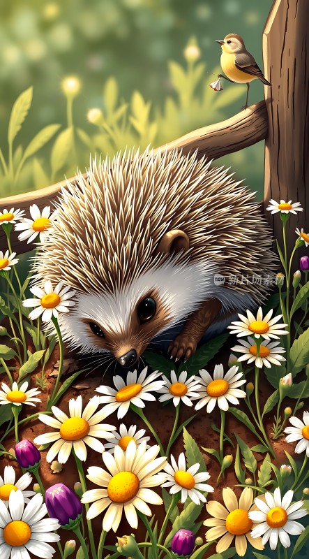 “花丛中探出头的小刺猬”