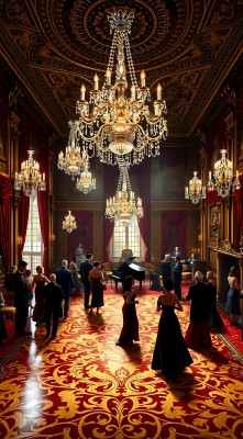 豪华舞会金碧辉煌红毯舞池优雅人群璀璨吊灯