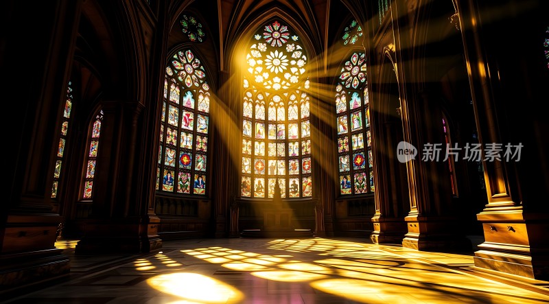 阳光洒满教堂内部彩色玻璃窗透出斑斓光芒