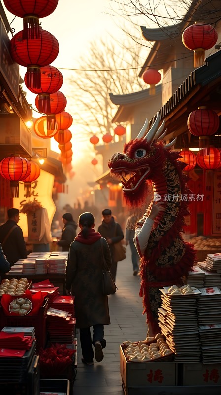 春节庙会灯笼高挂舞龙表演热闹非凡