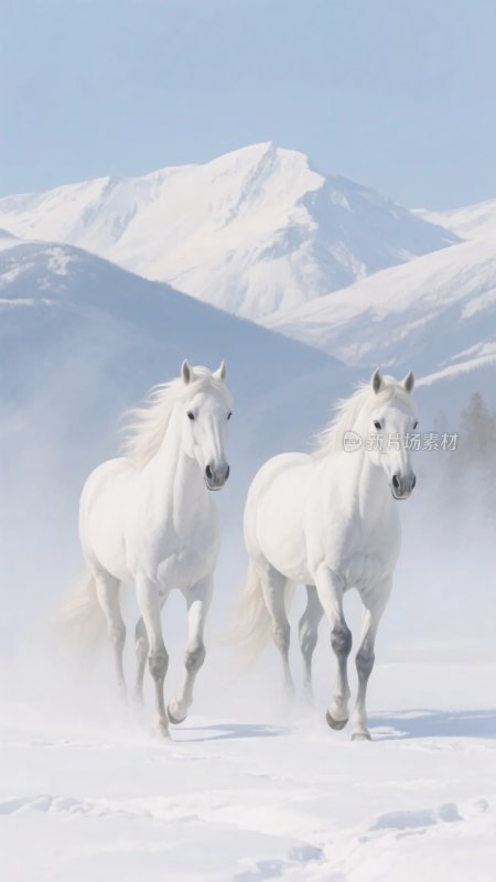 雪地中奔跑的两匹白马