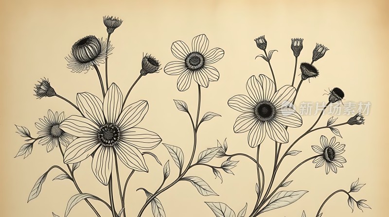 黑白线条花卉图