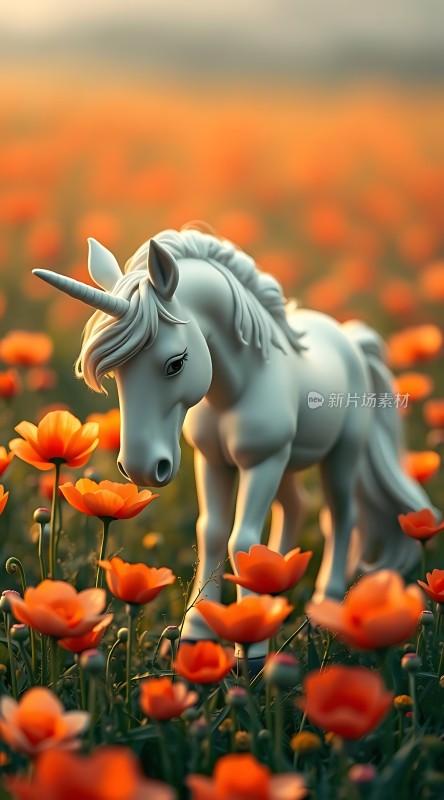独角兽漫步在橙花丛中