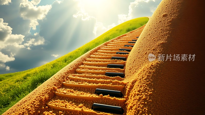 钢琴键上的阶梯通往蓝天白云间