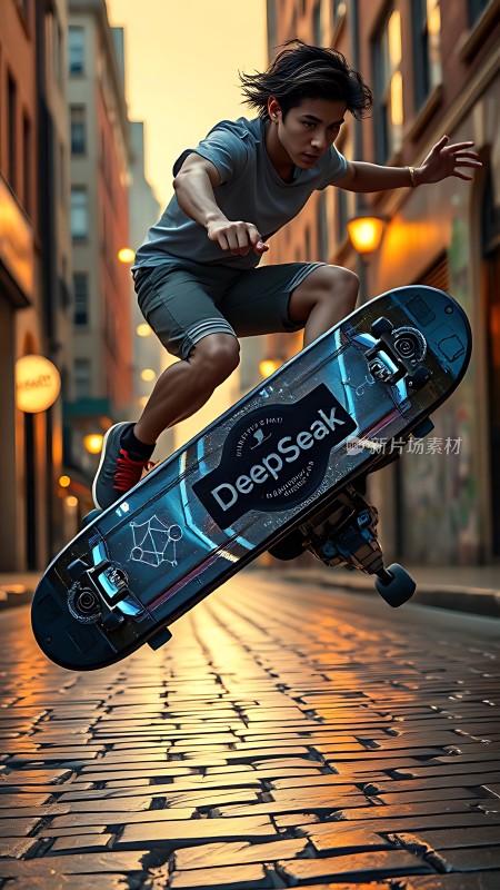 少年飞跃滑板城市街头展现青春活力