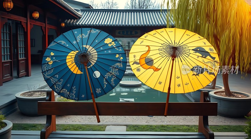 古风庭院下的彩色油纸伞