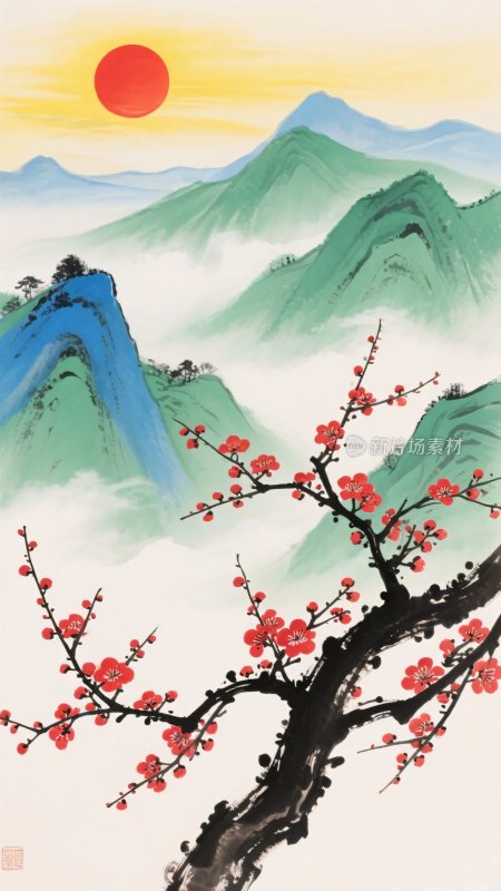 红梅映日山水国画