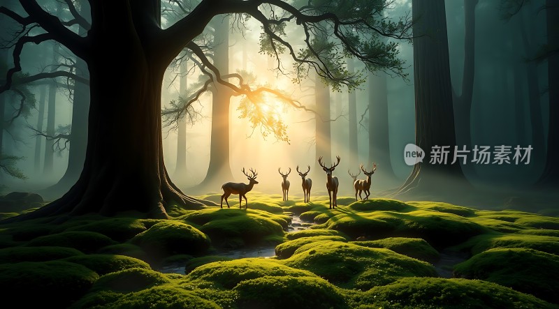 晨光中的鹿影森林