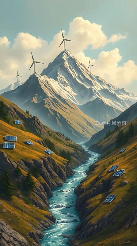 风车山间绿野蓝河