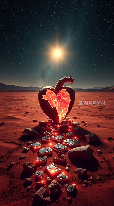 破碎的心形宝石在星空下的沙漠中闪耀