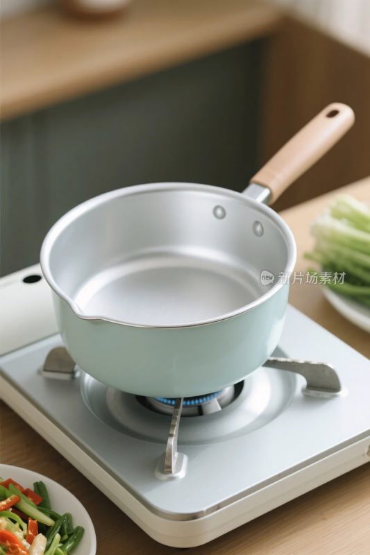 燃气灶上的浅绿色锅具