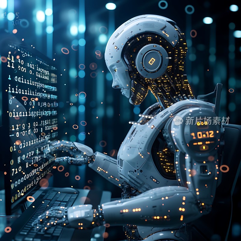 机器人操作电脑数据环绕科技感十足