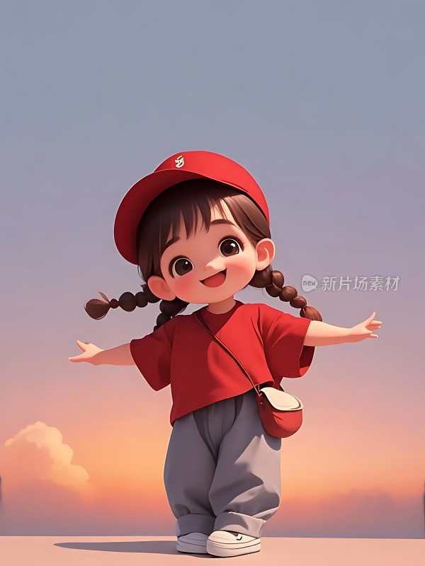 红色帽子与T恤的小女孩