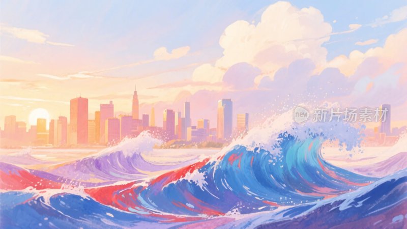 海浪与城市天际线梦幻景象