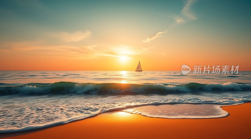 日落时分的帆船与海浪