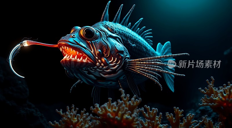 深海怪鱼发光的眼睛与锋利牙齿