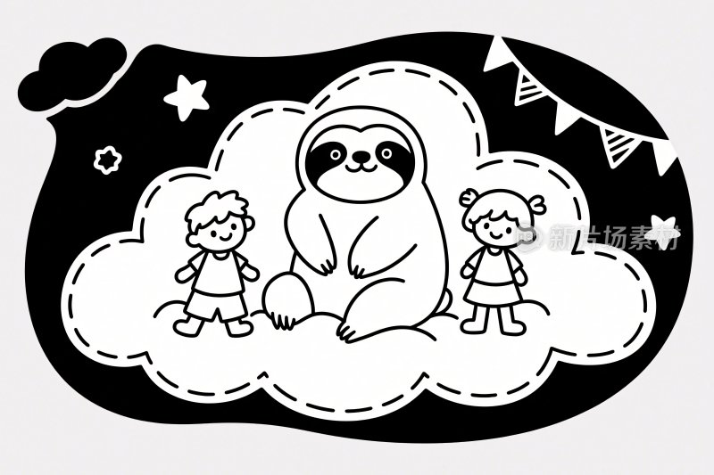 卡通树懒与孩童云上插画