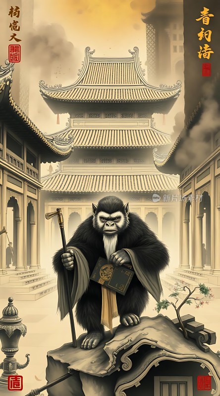 悟空手持金箍棒和经书站