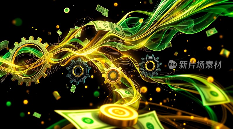 财富涌动齿轮转动金钱飞舞