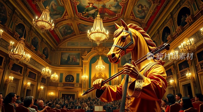 金色马头雕塑在华丽大厅中演奏大提琴