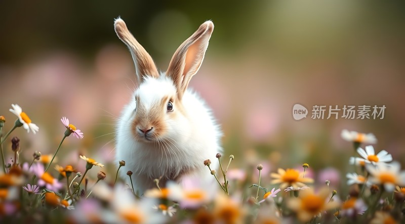 春日暖阳下的可爱小白兔在花丛中探出头