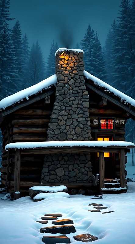 雪夜小木屋温馨宁静