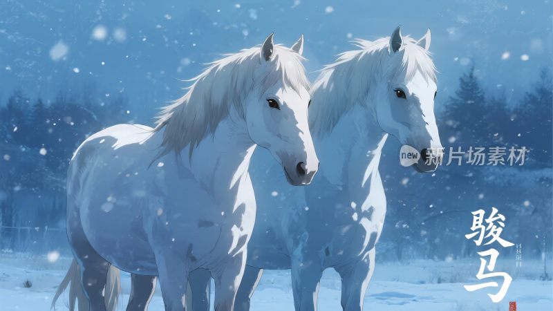 雪地中的两匹俊美白马
