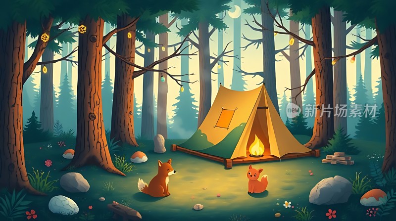 森林露营夜狐狸与篝火共度宁静时光