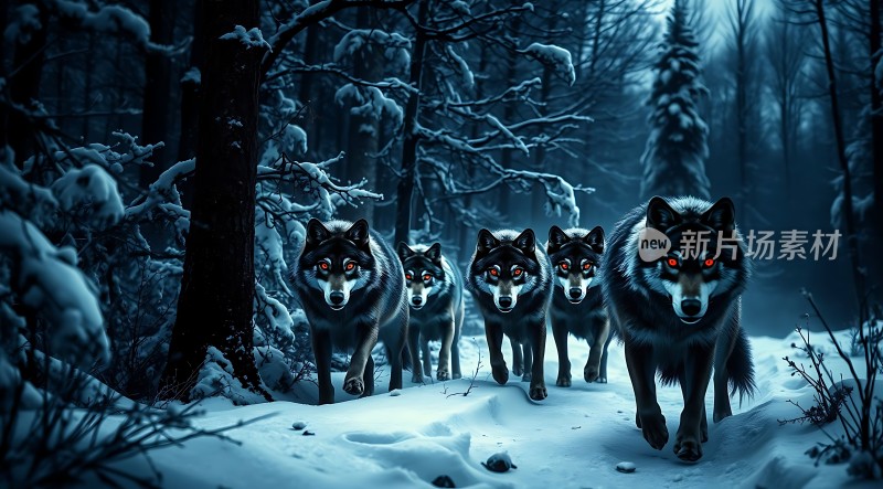 雪夜狼群森林中的神秘之旅