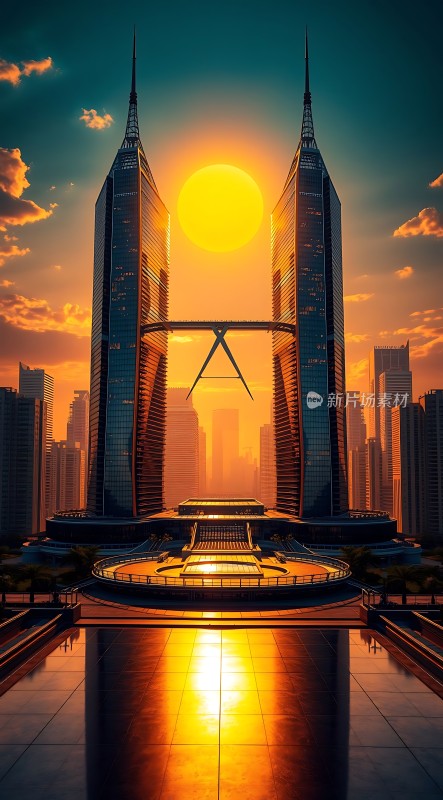 双塔摩天大楼日落美景