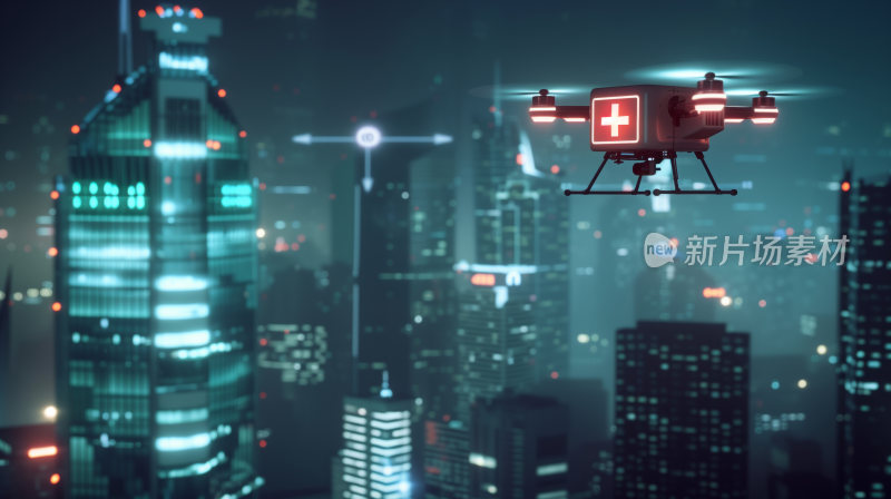 城市上空，一架科技感的智能救援医疗无人机