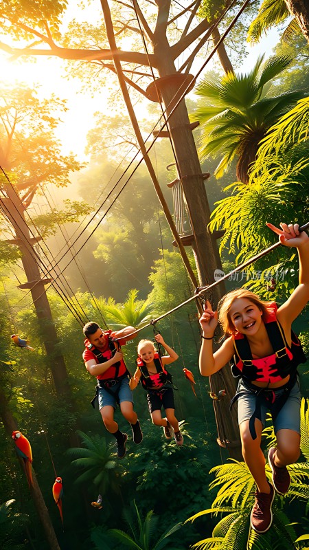 家庭冒险之旅穿越热带雨林的高空滑索体验
