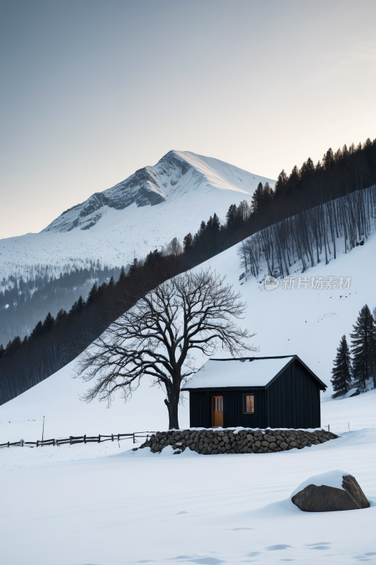 雪景一间小木屋和一棵树高清风景图片