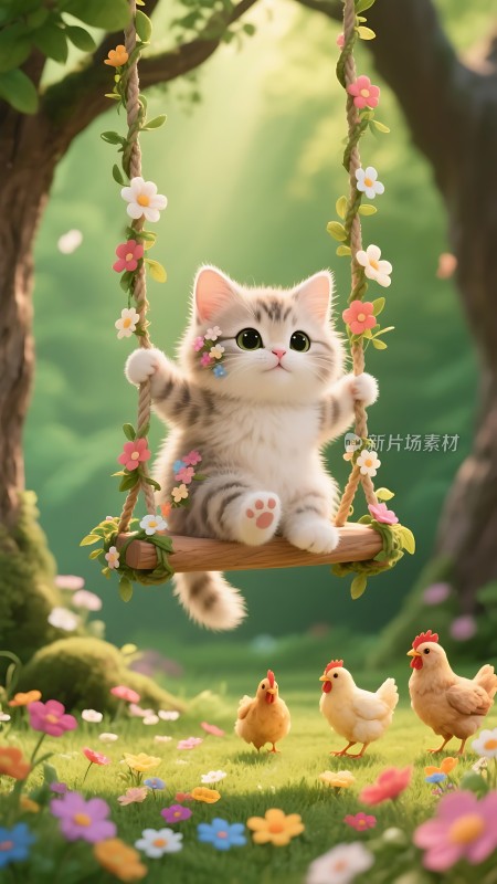 小猫荡秋千鸡群围观