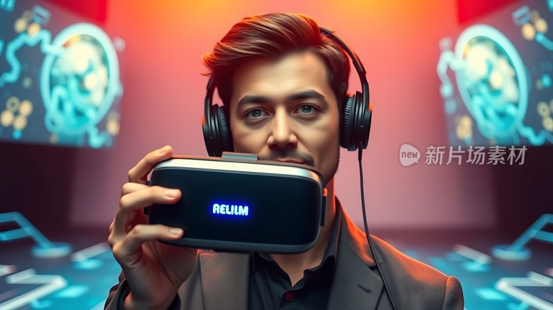 新片场素材 男子戴耳机看VR眼镜