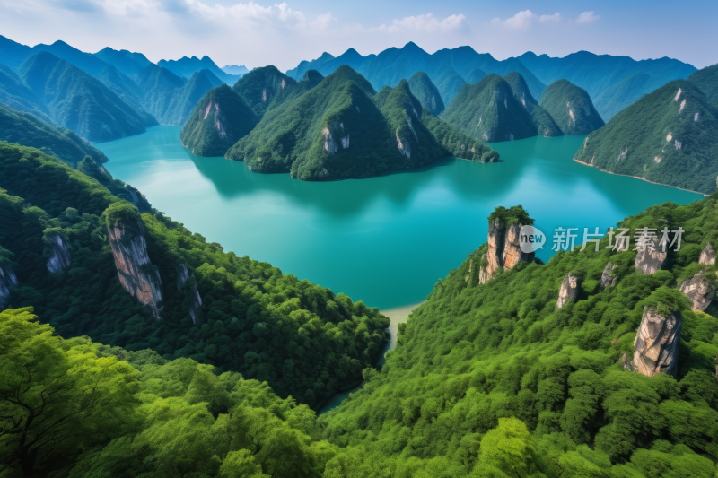 湖泊周围群山环绕周围绿树成荫天空蔚蓝风景