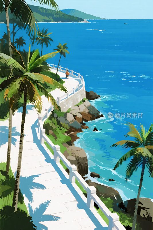海滨步道风景插画