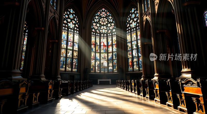阳光洒进教堂内部彩色玻璃窗映照出神圣光芒