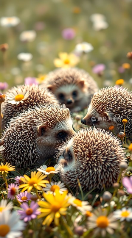 四只小刺猬在花丛中嬉戏