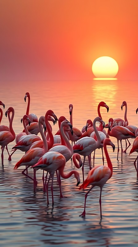 火红夕阳映照下的粉红火烈鸟群