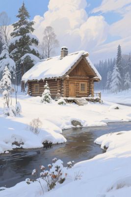 冬日木屋雪景画