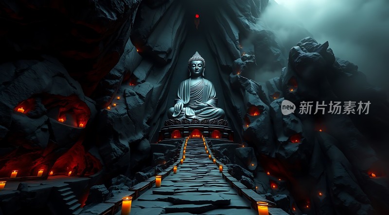 **黑暗洞穴中的佛陀雕像**