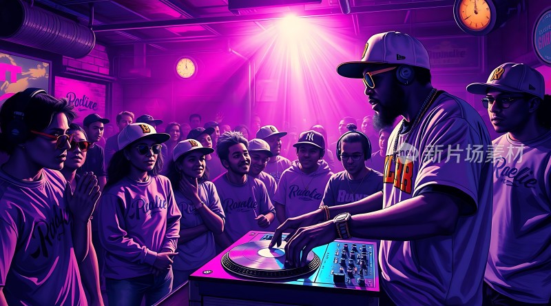 紫色灯光下的DJ与观众互动