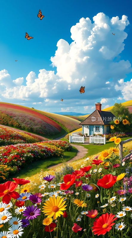 蓝天白云下的彩色花海小屋