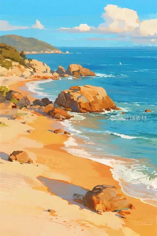 海滩海浪岩石风景插画