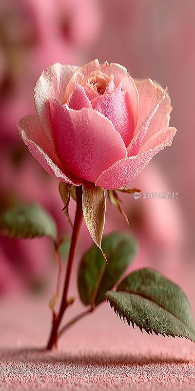 娇艳粉色单枝玫瑰花特写